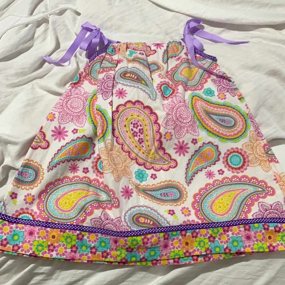 Colorful paisley cotton4/5 sundress lace hemline grosgrain bow shoulders nwot